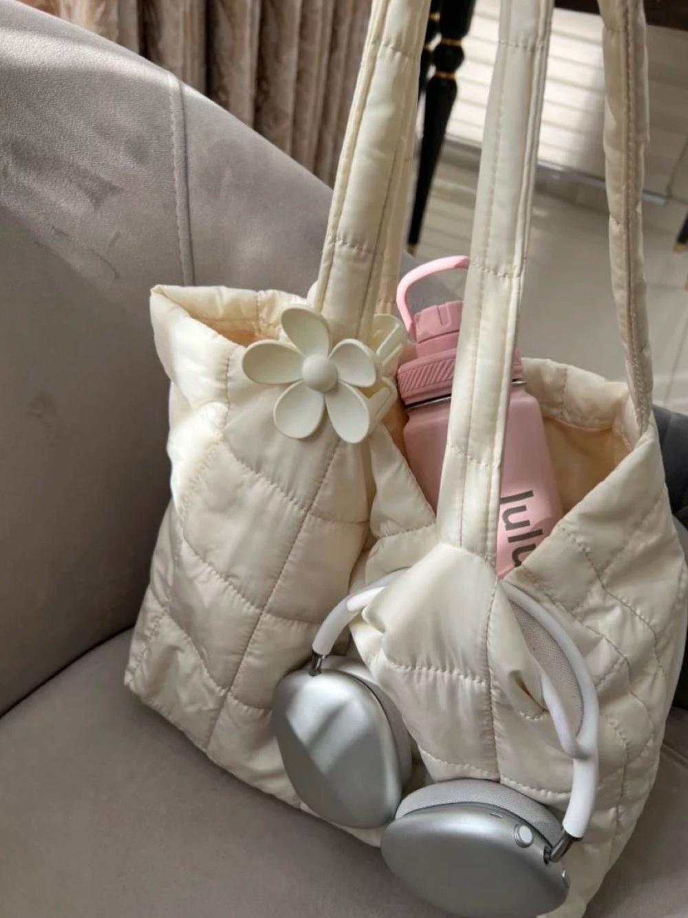 Quilted Cream Tote Bag with Flower Accent - Elegant Everyday Carry